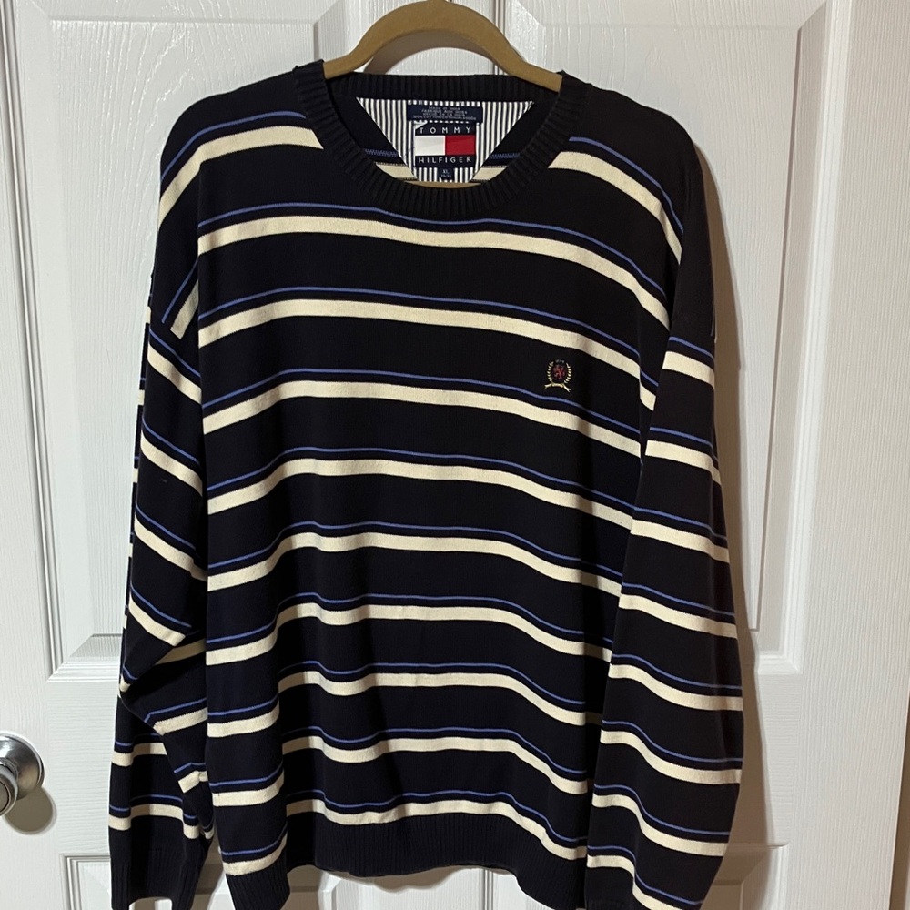 Tommy Hilfiger Navy and White Striped Pullover Size XL